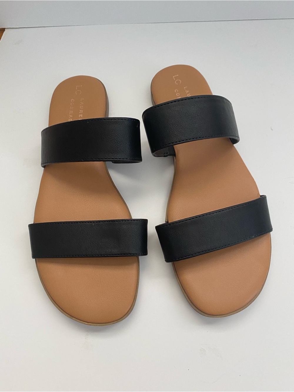 LC Lauren Conrad Black Double-Strap Slide Sandals with Tan 10 Medium
